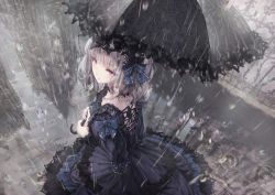 Rule 34 | 1girl, black dress, blue bow, bow, brown hair, commentary request, crying, crying with eyes open, dress, frilled umbrella, frills, from above, gothic lolita, highres, holding, holding umbrella, lolita fashion, long sleeves, looking at viewer, looking back, looking up, missile228, original, outdoors, rain, red eyes, reflection, ripples, solo, tears, umbrella, water, wide sleeves