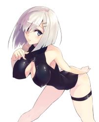 Rule 34 | 10s, 1girl, alternate costume, bare legs, bare shoulders, blue eyes, breasts, covered erect nipples, front zipper swimsuit, hair ornament, hair over one eye, hairclip, hamakaze (kancolle), highres, kantai collection, kuzu (miduhana), large breasts, leaning forward, looking at viewer, meme attire, one-piece swimsuit, short hair, silver hair, solo, swimsuit