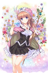 Rule 34 | 1girl, ankoromochi, atelier (series), atelier rorona, atelier totori, bangle, blush, bracelet, breasts, brown hair, cape, collarbone, female focus, flask, floral background, flower, gradient background, hat, holding, jewelry, long hair, necklace, petals, rororina fryxell, round-bottom flask, shirt, skirt, smile, solo, staff, star (symbol)