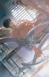 1boy 1girl abs black_hair chair couple cup drinking_glass dutch_angle green_eyes grey_panties grey_robe hetero highres holding holding_cup indoors lingerie lips lotion lotion_bottle love_and_deepspace male_focus muscular muscular_male negligee off_shoulder open_clothes open_robe panties parted_lips pectorals protagonist_(love_and_deepspace) robe see-through short_hair sitting sitting_on_lap sitting_on_person solo_focus spilling sweat table underwear window_blinds wine_glass yinzinmiemie zayne_(love_and_deepspace)