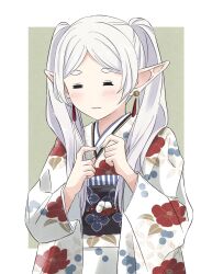 Rule 34 | 1girl, = =, blush, closed eyes, closed mouth, commentary request, earrings, elf, frieren, grey background, highres, index fingers together, japanese clothes, jewelry, kimono, long hair, obi, omichi 1219, pointy ears, sash, solo, sousou no frieren, thick eyebrows, twintails, two-tone background, upper body, white background, white hair, white kimono