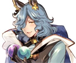 Rule 34 | 1boy, :d, animal ears, ball, black gloves, black shirt, blue hair, blue shirt, blush, buckle, cape, commentary request, cross, cross earrings, drang (granblue fantasy), earrings, eno yukimi, erune, gloves, granblue fantasy, hair over one eye, holding, holding ball, hood, hood down, hooded cape, jewelry, looking at viewer, male focus, medium hair, open mouth, shirt, simple background, sleeveless, sleeveless shirt, smile, solo, upper body, wavy hair, white background, white cape, yellow eyes