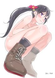 Rule 34 | 10s, 1girl, 2016, akebono (kancolle), ama mitsuki, bell, black hair, black socks, blush, boots, covering privates, covering breasts, dated, female focus, flower, hair bell, hair flower, hair ornament, jingle bell, kantai collection, long hair, no bra, nude, purple eyes, side ponytail, sitting, socks, solo, squatting, very long hair