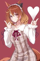 Rule 34 | 1girl, animal ears, bow, breasts, brown dress, brown hair, closed mouth, dress, ear bow, hair ornament, hairband, hairclip, hands up, heart, highres, horse ears, horse girl, horse tail, index fingers together, long sleeves, looking at viewer, medium hair, neck ribbon, north flight (umamusume), red background, red eyes, ribbon, sb (akagikeai), small breasts, smile, solo, tail, umamusume, unfinished