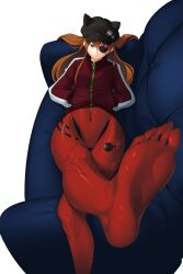 Rule 34 | 1girl, anura, baseball cap, blue eyes, bodysuit, bodysuit under clothes, crossed legs, curvy, empty eyes, evangelion: 3.0 you can (not) redo, expressionless, eyepatch, feet out of frame, foreshortening, hair ornament, hands in pockets, hat, highres, lips, long hair, lying, neon genesis evangelion, plugsuit, rebuild of evangelion, red bodysuit, solo, souryuu asuka langley, standing, toes, very long hair, wide hips