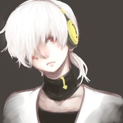 Rule 34 | 1boy, albino, collar, facial mark, frown, hair over one eye, headphones, kagerou project, konoha (kagerou project), kyotyan, looking at viewer, male focus, ponytail, red eyes, short hair, simple background, solo, white hair