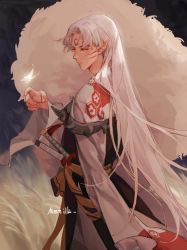 Rule 34 | 1boy, artist name, bug, butterfly, closed mouth, commentary request, facial mark, forehead mark, hand up, highres, insect, inuyasha, japanese clothes, katana, kimono, long hair, male focus, mmmilk, pointy ears, sesshoumaru, solo, sword, weapon, whisker markings, white butterfly, white hair, white kimono, yellow eyes