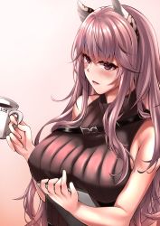Rule 34 | 1girl, animal ear fluff, animal ears, blush, breasts, brown sweater vest, coffee cup, cup, disposable cup, girls&#039; frontline, girls&#039; frontline neural cloud, highres, holding, holding cup, holding notepad, large breasts, lips, long hair, looking at viewer, notepad, open mouth, persica (girls&#039; frontline), pink eyes, pink hair, simple background, solo, sweater vest, upper body, xlscaler