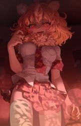 Rule 34 | 1girl, ahoge, animal ears, arm at side, bare arms, blonde hair, blush, breast pocket, breasts, commentary, fangs, fingernails, fisheye, from below, fur collar, hand up, highres, indoors, kemono friends, lion (kemono friends), lion ears, looking at viewer, medium breasts, medium hair, melaton, miniskirt, necktie, open mouth, orange eyes, plaid, plaid necktie, plaid neckwear, plaid skirt, plaid sleeves, pleated skirt, pocket, shirt, short sleeves, skirt, smile, solo, taut clothes, taut shirt, thighhighs, v-shaped eyebrows, white shirt, zettai ryouiki