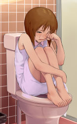 Rule 34 | 1girl, barefoot, bathroom, bob cut, brown hair, crying, crying with eyes open, dress, face, feet, full body, hagiwara yukiho, highres, hugging own legs, idolmaster, idolmaster (classic), open mouth, pettan p, short hair, sitting, sleeveless, sleeveless dress, solo, tears, tile wall, tiles, toes, toilet, trash can, wiping tears