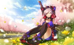 Rule 34 | 1girl, arrow (tamawo222), asymmetrical hair, black thighhighs, blue kimono, bug, butterfly, cherry blossoms, day, elbow gloves, fate/grand order, fate (series), flower, full body, gloves, highres, insect, japanese clothes, kimono, magatama, miyamoto musashi (fate), miyamoto musashi (second ascension) (fate), obi, outdoors, pink hair, sandals, sash, short kimono, sitting, sky, solo, stretching, thighhighs, yellow flower