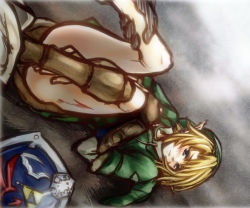 Rule 34 | anal, blonde hair, blush, bottomless, link, male focus, male penetrated, nintendo, pointy ears, shield, the legend of zelda, yaoi
