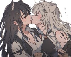 Rule 34 | 2girls, alcohol, animal ear fluff, animal ears, arknights, beer, black coat, black gloves, black hair, blue gloves, blush, breasts, cleavage, closed eyes, coat, collarbone, collared shirt, commentary, cup, dress shirt, drunk, ear blush, fingerless gloves, french kiss, gloves, hair ornament, hairclip, holding, holding cup, infection monitor (arknights), kiss, lappland (arknights), long hair, looking at viewer, material growth, medium breasts, messy hair, multiple girls, off shoulder, orange eyes, oripathy lesion (arknights), scar, scar across eye, seri (vyrlw), shirt, sidelocks, simple background, sleeveless, sleeveless shirt, squeans, sweatdrop, symbol-only commentary, texas (arknights), upper body, white background, white hair, white shirt, wolf ears, wolf girl, yuri