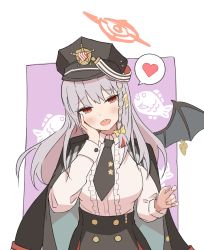 Rule 34 | 1girl, black hat, black jacket, black necktie, black wings, blue archive, blush, braid, demon wings, food, frilled shirt, frills, grey hair, halo, hand on own cheek, hand on own face, haruna (blue archive), hat, heart, highres, jacket, jacket on shoulders, long hair, long sleeves, looking at viewer, military hat, necktie, open mouth, pink background, red eyes, shirt, shirt tucked in, simple background, single braid, single wing, solo, speech bubble, spoken heart, taiyaki, tatama, two-tone background, wagashi, white background, white shirt, wing ornament, wings