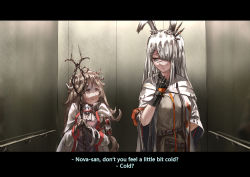 Rule 34 | animal ears, arknights, chinese commentary, cishi nianshao, elevator, english text, eyjafjalla (arknights), frostnova (arknights), goggles, highres, horns, letterboxed, rabbit ears, scar, scar on face, scar on nose, sheep horns, staff, white hair