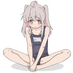 Rule 34 | 1girl, ahoge, blush, brown eyes, flat chest, full body, genderswap, genderswap (mtf), grey hair, highres, long hair, looking down, name tag, one-piece swimsuit, onii-chan wa oshimai!, oyama mahiro, pink pupils, school swimsuit, sitting, solenhfe, solo, swimsuit, twintails