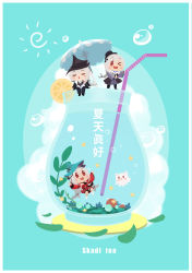 Rule 34 | &gt; &lt;, 3girls, :o, aqua background, aqua headwear, arknights, bare shoulders, black dress, black footwear, black gloves, black headwear, blush, blush stickers, boots, border, braid, chibi, chinese commentary, chinese text, commentary request, cup, dress, drinking glass, drinking straw, food, fruit, gladiia (arknights), gloves, grey dress, highres, lemon, lemon slice, lieyan huangzi, long hair, long sleeves, multiple girls, off-shoulder dress, off shoulder, official alternate costume, one eye closed, open clothes, open mouth, pointy ears, red dress, red eyes, scarf, silver hair, single braid, sitting, skadi (arknights), smile, specter (arknights), specter (undercurrent) (arknights), submerged, thigh boots, thighhighs, thighs, translation request, umbrella, underwater, very long hair, water, white border, white footwear, white scarf