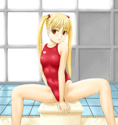 Rule 34 | 1girl, blonde hair, brown eyes, competition swimsuit, covered erect nipples, flat chest, highleg, highleg swimsuit, long hair, one-piece swimsuit, solo, spread legs, swimsuit, tk4, twintails, wet