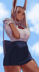 Rule 34 | 1girl, animal ears, artist name, bag, boku no hero academia, buttons, closed mouth, cloud, collared shirt, dark-skinned female, dark skin, feet out of frame, frown, gloves, gud0c, hand up, highres, holding, holding bag, mirko, muscular, muscular female, neck ribbon, outdoors, pleated skirt, rabbit ears, rabbit girl, red eyes, ribbon, school uniform, shirt, signature, skirt, sky, sleeves rolled up, solo, standing, thick thighs, thighs, white gloves, white hair, white shirt
