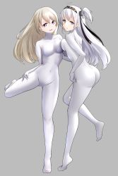 Rule 34 | absurdres, blonde hair, blue eyes, bodystocking, bodysuit, collarbone, commentary request, covered navel, crossover, eila ilmatar juutilainen, grey background, hairband, hand on own hip, highres, j.c.14, kantai collection, looking at viewer, purple eyes, skin tight, strike witches, suzutsuki (kancolle), tiptoes, white bodysuit, white hair, world witches series, zentai