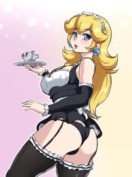 Rule 34 | 1girl, ass, bare shoulders, black dress, black panties, blonde hair, blue eyes, blush, breasts, butt crack, collar, cup, cuphead, cuphead (game), detached sleeves, dress, earrings, from behind, garter straps, huge ass, jewelry, leonart, long hair, looking back, maid, maid headdress, mario (series), medium breasts, nintendo, open mouth, panties, parted lips, plate, princess peach, short dress, solo, super mario bros. 1, thick thighs, thighhighs, thighs, underwear, wide hips