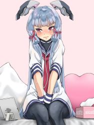 Rule 34 | 1girl, black pantyhose, blunt bangs, blush, closed mouth, commentary request, dress, hair ribbon, headgear, highres, kantai collection, long hair, murakumo (kancolle), necktie, orange eyes, pantyhose, red necktie, red ribbon, ribbon, sailor dress, sidelocks, silver hair, sitting, solo, tablet pc, tress ribbon, tussy, wavy mouth, white dress