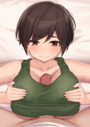 Rule 34 | 1boy, 1girl, bad id, bad pixiv id, bare shoulders, bed sheet, between breasts, black hair, blush, bottomless, breasts, breasts squeezed together, brown eyes, cccpo, censored, closed mouth, collarbone, covered erect nipples, eyes visible through hair, from above, hetero, highres, huge breasts, lying, mosaic censoring, on back, original, paizuri, paizuri under clothes, penis, pixie cut, pov, puffy nipples, shirt, short hair, smile, straddling, straddling paizuri, sweat, tank top, white shirt
