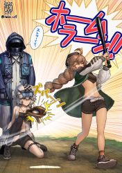 Rule 34 | 1boy, 2girls, ^ ^, ahoge, animal ears, arknights, bare legs, bare shoulders, baseball, baseball bat, baseball glove, belt, black shirt, black shorts, braid, breasts, brown hair, cabbie hat, cliffheart (arknights), closed eyes, commentary request, crop top, cuora (arknights), doctor (arknights), emphasis lines, closed eyes, green jacket, hat, helmet, highres, hood, hooded jacket, ikeda (cpt), jacket, jewelry, midriff, multicolored hair, multiple girls, navel, necklace, on one knee, open clothes, open jacket, open mouth, raglan sleeves, shirt, shoes, short hair, short shorts, shorts, silver hair, single braid, single thighhigh, sleeveless, small breasts, smile, sneakers, socks, speech bubble, standing, stomach, streaked hair, thigh strap, thighhighs, thighs