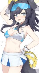 Rule 34 | 1girl, animal ears, arm up, bare shoulders, black hair, blue archive, blue eyes, blush, breasts, bright pupils, cheerleader, cleavage, cowboy shot, crop top, dog ears, dog tail, eyewear on head, goggles, goggles on head, halo, halterneck, hibiki (blue archive), hibiki (cheer squad) (blue archive), highres, karon, long hair, looking at viewer, medium breasts, millennium cheerleader outfit (blue archive), miniskirt, navel, nose blush, open mouth, pom pom (cheerleading), simple background, skirt, solo, star sticker, sticker on face, sweat, tail, wavy mouth, white background, white pupils, white skirt
