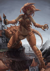 Rule 34 | 1girl, animal hands, artist check, barbariank, breasts, building, carapace, castle, claws, cloud, cloudy sky, destruction, dungeons &amp; dragons, freckles, frown, full body, giant, giantess, highres, horns, kaijuu, lizard tail, looking to the side, medium breasts, monster girl, navel, non-web source, orange eyes, orange hair, personification, scales, short hair, sky, slit pupils, smoke, solo, spiked tail, spikes, tail, tarrasque