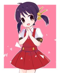 Rule 34 | 1girl, black hair, blush, brown eyes, dress, hair bobbles, hair ornament, juliet sleeves, kaai yuki, long sleeves, looking at viewer, open mouth, own hands together, pinafore dress, pink background, pleated skirt, puffy sleeves, red dress, short sleeves, short twintails, skirt, sleeveless dress, smile, solo, twintails, vocaloid, yoshiki