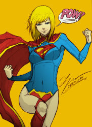 Rule 34 | 1girl, blonde hair, blue eyes, cape, clenched hands, dated, dc comics, highres, kryptonian, navel, signature, solo, supergirl, superhero costume, superman (series), tryvor