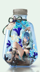 Rule 34 | 1girl, arms up, asymmetrical legwear, black choker, black thighhighs, blue eyes, blue flower, blue hair, blue nails, boots, bottle, bound, bound wrists, bow, braid, brown footwear, brown skirt, chain, choker, commentary request, crop top, cropped jacket, cuffs, flower, full body, green ribbon, hair bow, high heel boots, high heels, highres, in bottle, in container, jacket, legwear garter, long hair, long sleeves, looking at viewer, midriff, nail polish, open mouth, original, ribbon, saraki, sidelocks, simple background, single sock, single thighhigh, sitting, skirt, socks, solo, thighhighs, uneven legwear, white background, white bow, white flower, white jacket, white socks