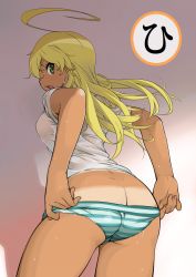 Rule 34 | 1girl, ahoge, ass, blonde hair, butt crack, green eyes, highres, hobby (kento), long hair, looking back, original, panties, panty pull, solo, striped clothes, striped panties, tan, tanline, underwear, wet, wet clothes