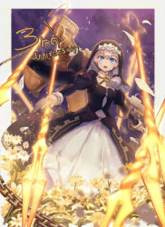 Rule 34 | 1girl, :o, bannouyakunta, blue eyes, border, flower, full body, hair between eyes, highres, holding, holding polearm, holding spear, holding weapon, honkai (series), honkai impact 3rd, long hair, long sleeves, looking at viewer, looking down, nun, open mouth, polearm, side ponytail, solo, sparkle, spear, standing, teeth, theresa apocalypse, theresa apocalypse (valkyrie pledge), v-shaped eyebrows, weapon, white flower, white hair