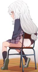 Rule 34 | 1girl, ass, black socks, chair, clothes lift, commentary request, full body, grey skirt, highres, kneehighs, long hair, low-tied long hair, on chair, original, panties, plaid, plaid skirt, profile, school chair, shoes, simple background, sitting, skirt, skirt caught on object, skirt lift, socks, solo, sumiyao (amam), sumiyao (sumiyao (amam)), underwear, uwabaki, very long hair, white background, white footwear, white hair, white panties, wooden floor