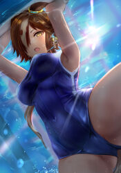 Rule 34 | 1girl, absurdres, animal ears, armpits, arms up, blue one-piece swimsuit, blush, breasts, brown hair, cameltoe, commentary request, competition school swimsuit, covered navel, from below, gluteal fold, hair over one eye, highres, horse ears, horse girl, horse tail, kokoa ninniku, looking at viewer, looking down, medium breasts, multicolored hair, one-piece swimsuit, revision, school swimsuit, short hair, solo, spread legs, streaked hair, swimsuit, tail, thighs, two side up, umamusume, vodka (umamusume), water, white hair, yellow eyes