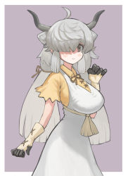 Rule 34 | 1girl, ahoge, animal ears, bad id, bad pixiv id, breasts, commentary, dress, extra ears, gloves, grey background, grey eyes, grey hair, hair over one eye, highres, horns, kemono friends, large breasts, long hair, looking at viewer, low twintails, one eye covered, ox ears, ox girl, ox horns, short sleeves, simple background, smile, solo, twintails, white dress, yak (kemono friends), zuchi00