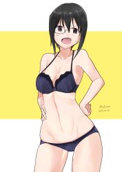 Rule 34 | 10s, 1girl, absurdres, black bra, black eyes, black hair, black panties, bra, breasts, cleavage, commentary, cowboy shot, dated, fang, girls und panzer, hands on own hips, highres, irukatto, kawashima momo, looking at viewer, medium breasts, monocle, open mouth, panties, short hair, sketch, skindentation, smile, solo, standing, sweatdrop, twitter username, underwear, underwear only