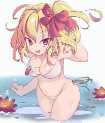Rule 34 | 100 percent orange juice, 1girl, absurdres, artist request, bikini, blonde hair, breasts, cleavage, hair ribbon, highres, hime (orange juice), long hair, looking at viewer, open mouth, partially submerged, red eyes, red ribbon, ribbon, solo, suguri, swimsuit, water, white bikini