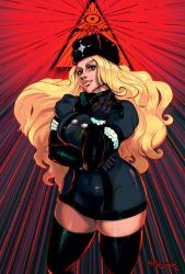 Rule 34 | 1girl, artist name, black background, black gloves, black thighhighs, blonde hair, blue eyes, breasts, buttons, coat, english text, eyebrows, eyelashes, fur hat, fur trim, gloves, hat, highres, illuminati, kolin, large breasts, lips, long hair, red background, relusionh, solo, standing, street fighter, street fighter v, thick eyebrows, thick lips, thick thighs, thighhighs, thighs, ushanka, wavy hair, wide hips, winter clothes, winter coat, zettai ryouiki