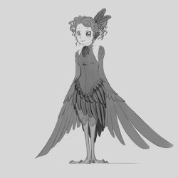 Rule 34 | 1girl, bird legs, crowanon, dress, feathered wings, female focus, greyscale, harpy, monochrome, monster girl, original, smile, solo, standing, wavy hair, winged arms, wings