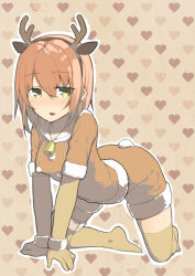Rule 34 | 1girl, all fours, animal costume, animal ears, antlers, arched back, bell, blush, christmas, deer ears, elbow gloves, fake animal ears, gloves, hairband, hitoshi, horns, jingle bell, nose blush, original, pink hair, reindeer antlers, reindeer costume, santa costume, shorts, solo, tail, thighhighs, yellow eyes, yellow thighhighs