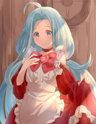 Rule 34 | 1girl, ahoge, apron, blue eyes, blue hair, bow, bowtie, choker, closed mouth, clothing cutout, granblue fantasy, hair intakes, heart, highres, long hair, long skirt, long sleeves, looking down, lyria (granblue fantasy), pochi-a, red bow, red bowtie, red choker, red skirt, red sleeves, shoulder cutout, skirt, skirt hold, smile, solo, standing, twintails, very long hair, white apron