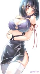 Rule 34 | 10s, 1girl, :o, adapted costume, arm ribbon, black hair, bracelet, breasts, china dress, chinese clothes, cleavage, cleavage cutout, clothing cutout, covered erect nipples, crossed arms, dress, earrings, female focus, grey eyes, haguro (kancolle), jewelry, kantai collection, large breasts, looking at viewer, noguruma, ribbon, simple background, solo, thighhighs, twitter username, white thighhighs