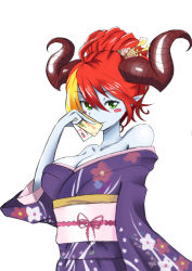 Rule 34 | 1girl, alternate costume, alternate hairstyle, bare shoulders, blonde hair, blue skin, blush stickers, breasts, card, cleavage, colored skin, demon girl, green eyes, hair ornament, hair up, hera (p&amp;d), horns, japanese clothes, kazuki (kazuki8837), kimono, looking at viewer, multicolored hair, off shoulder, pointy ears, puzzle &amp; dragons, red hair, solo