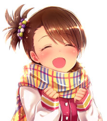 Rule 34 | 1girl, :d, ^ ^, bad id, bad pixiv id, beads, blush, brown hair, clenched hands, closed eyes, facing viewer, futami ami, hair beads, hair ornament, idolmaster, idolmaster (classic), ima (lm ew), jacket, letterman jacket, open mouth, scarf, smile, solo, striped clothes, striped scarf, upper body
