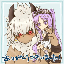 Rule 34 | 1boy, 1girl, absurdly long hair, asterios (fate), bare shoulders, black ribbon, black sclera, blush, colored sclera, dress, earrings, euryale (fate), euryale (third ascension) (fate), fate/grand order, fate/hollow ataraxia, fate (series), flower, hetero, holding hands, horns, jewelry, long hair, looking at viewer, lowres, pochio, purple eyes, purple hair, red eyes, ribbon, sitting on shoulder, smile, standing, topless male, translation request, twintails, very long hair, white dress, white hair
