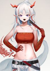 1girl, :d, absurdres, arknights, bandeau, bangs, bare shoulders, belt, black belt, breasts, commentary, gradient, gradient background, grey background, hand on hip, hand up, highres, horns, long hair, looking at viewer, medium breasts, midriff, multicolored hair, navel, nian (arknights), open mouth, purple eyes, red hair, smile, solo, stomach, strapless, streaked hair, sunawachi yu, tube top, upper body, white hair