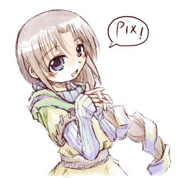 Rule 34 | 1girl, aira, aira (chantelise), blue eyes, blush, braid, brown hair, chantelise, looking at viewer, lowres, muracha, simple background, sleeves past wrists, solo, speech bubble, sweater, white background